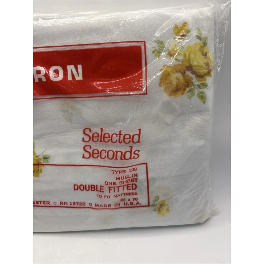 Vtg Yellow Floral Rose Double Fitted Selected Seconds Sheet NOS Cottagecore USA
